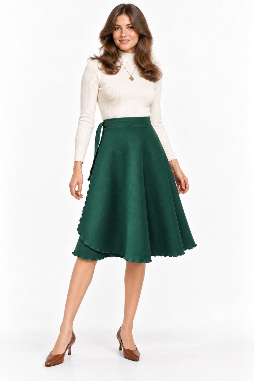 Vintage ‘70s House of Lee Handmade Dark Green Wrap Tie Belt Midi Skirt
